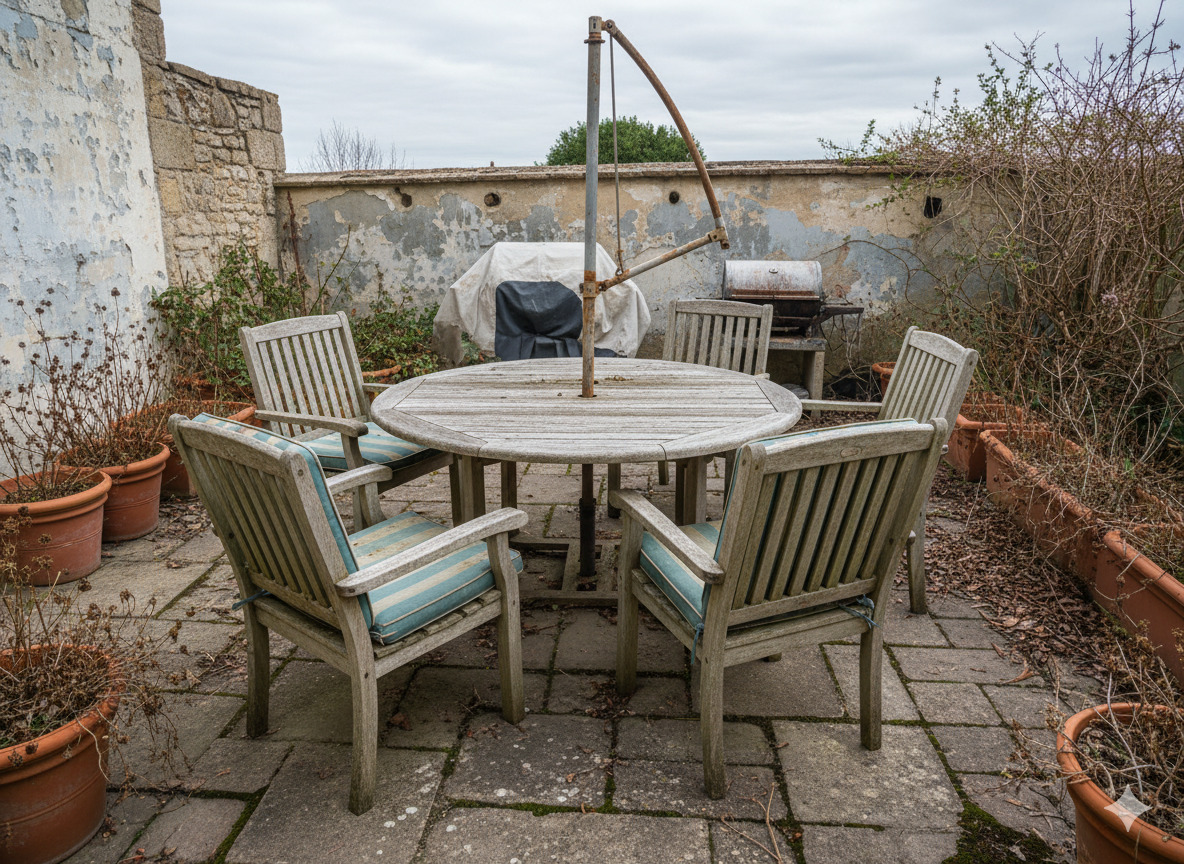 Worn outdoor furniture before restoration