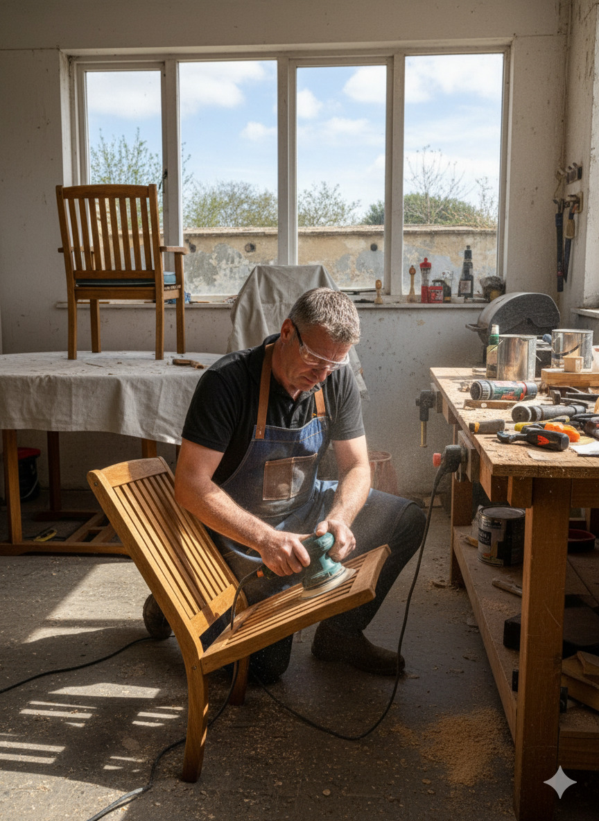 Professional craftsman repairing garden furniture